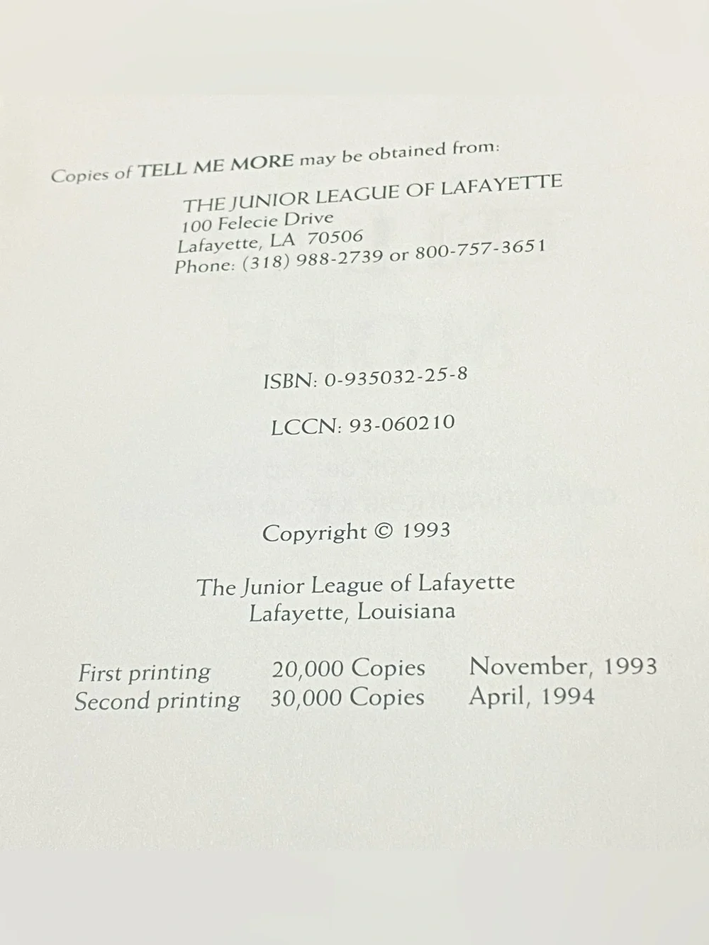 Tell Me More Cajun Cookbook Junior League Lafayette, LA 1993 Spiral Community